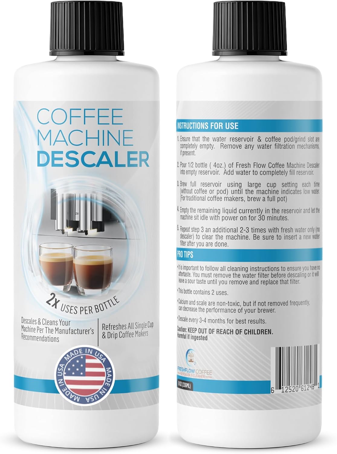 Descaling Solution for Coffee & Espresso Machines - 2 Bottle Pack (4 Uses) - Universally Compatible Descaler Cleaner for Keurig, Breville, Nespresso, Delonghi & All Single Use or Drip Machines