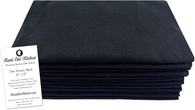 Aunti Em's Kitchen Flour Sack Dish Towels - Natural Cotton for Embroidery and Drying Glass, Hand, Dinnerware - Plain, Thick, Zero-Lint, Highly Absorbent - Set of 12, 27 x 27 Inch, Tuxedo Black