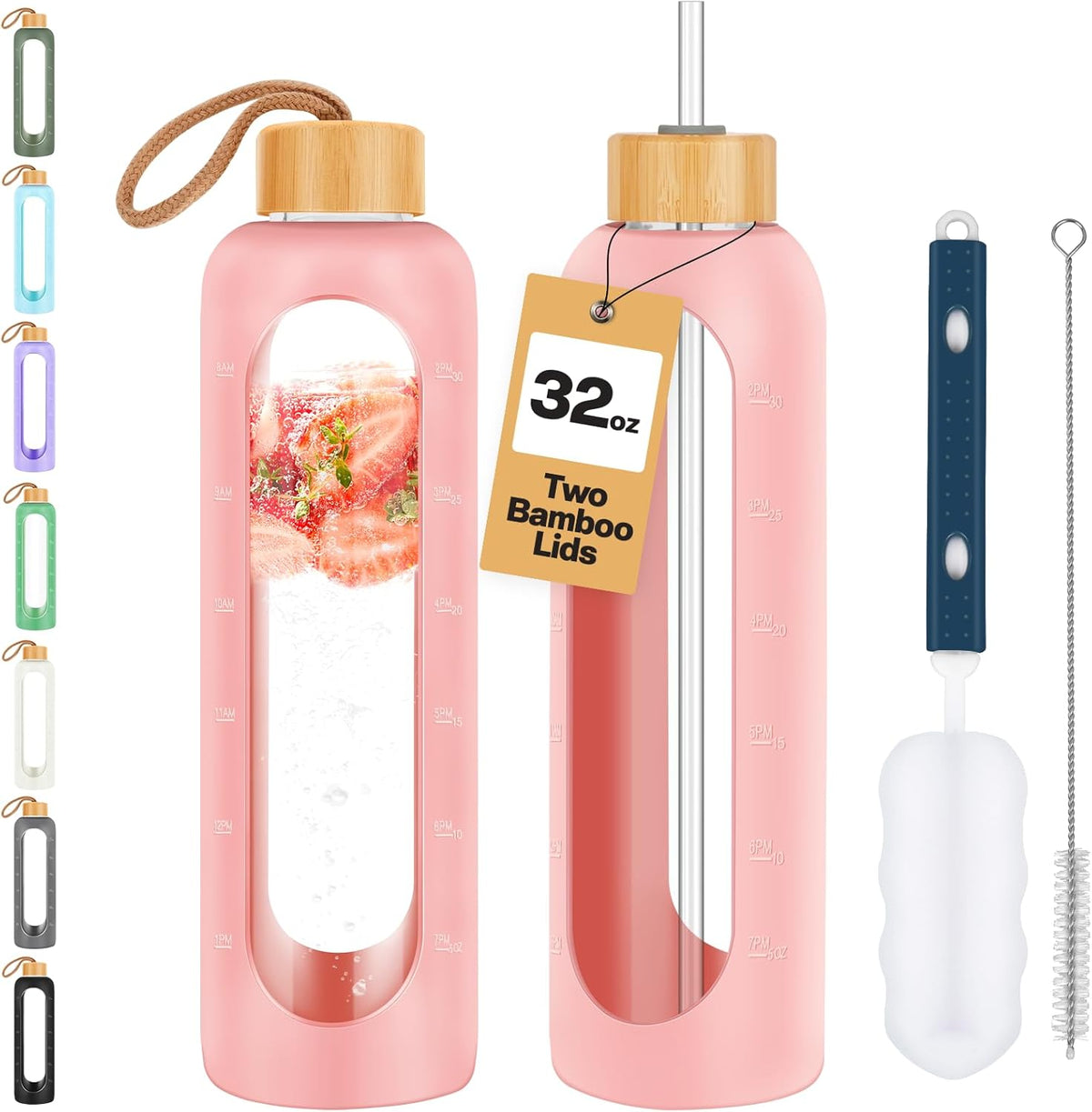 Glass Water Bottles 32 oz - Motivational Drinking Glass Water Bottle with Silicone Sleeve, Straw & 2 Bamboo Lids - 1 Liter Clear Borosilicate Daily Intake Tumbler with Time Marker - Pink