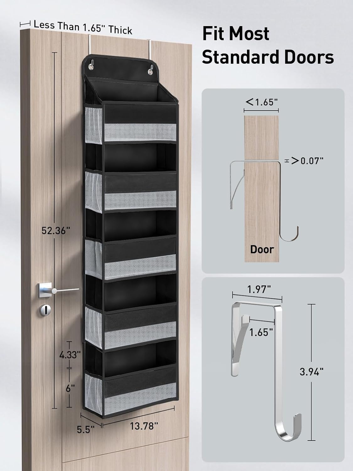 Yecaye 1 Pc Over the Door Organizer with 5 Bins 10 Side Pockets, 44lbs Load Hanging Bathroom and Bedroom Organizer, behind the Door Hanging Organizers for Nursery Newborn Baby Essential Stuff Black