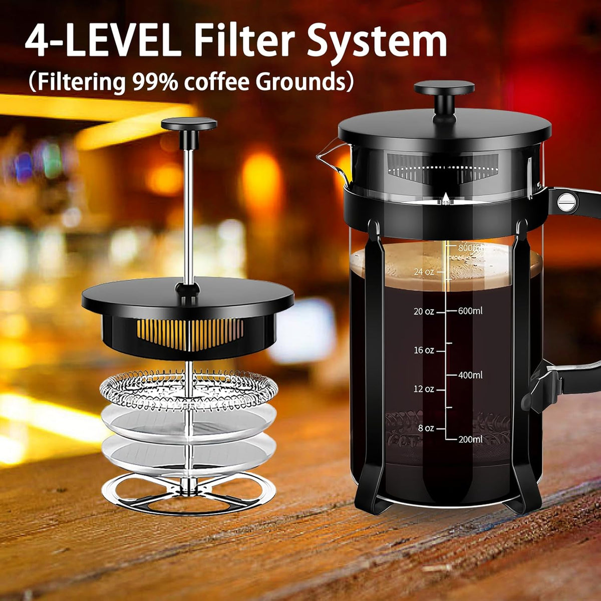French Press Coffee Maker 304 Stainless Steel Coffee Press,with 4 Filters System, Heat Resistant Thickness Borosilicate French Press Glass, BPA-Free Brewed Tea Pot Coffee Plunger(Copper 12oz)
