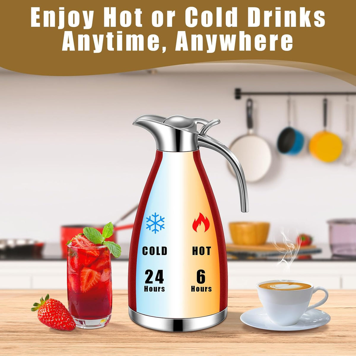 Uiifan 2 Pcs 68 oz Thermal Coffee Carafe Insulated Stainless Steel Coffee Carafe for Hot Liquids Vacuum Thermal Pot Creamer Dispenser with Brushes Keeping Hot Tea Milk Water(Red)