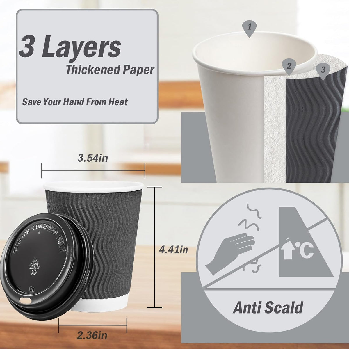Lamosi 50 Pack - 12 oz Insulated Disposable Coffee Cups with Lids, To Go Paper Coffee Cups with Lids, Corrugated Ripple Wall Cup for Hot Drink Office Coffee Bar