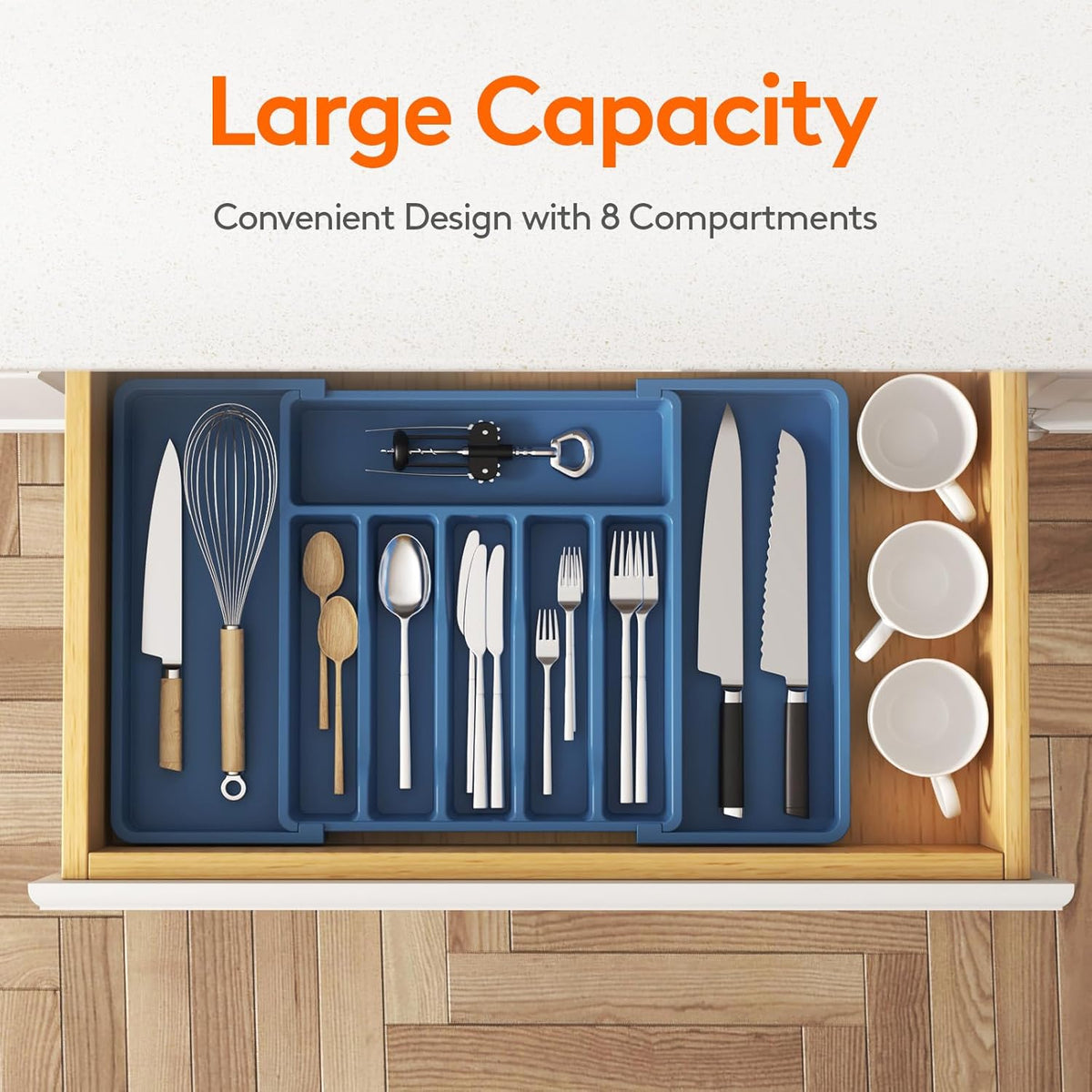 Lifewit Silverware Drawer Organizer, Expandable Utensil Tray for Kitchen, BPA Free Flatware and Cutlery Holder, Adjustable Plastic Storage for Spoons Forks Knives, Large, Dark Blue