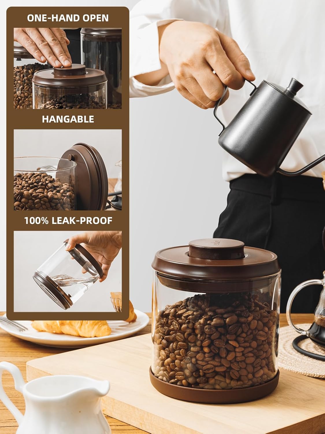 Large Coffee Canister 18 oz, Airtight Food Storage Container with Pop Lid, CO2-Release Valve, High Borosilicate Glass Contianers For Tea Coffee Bean Sugar, 1700 ml Brown