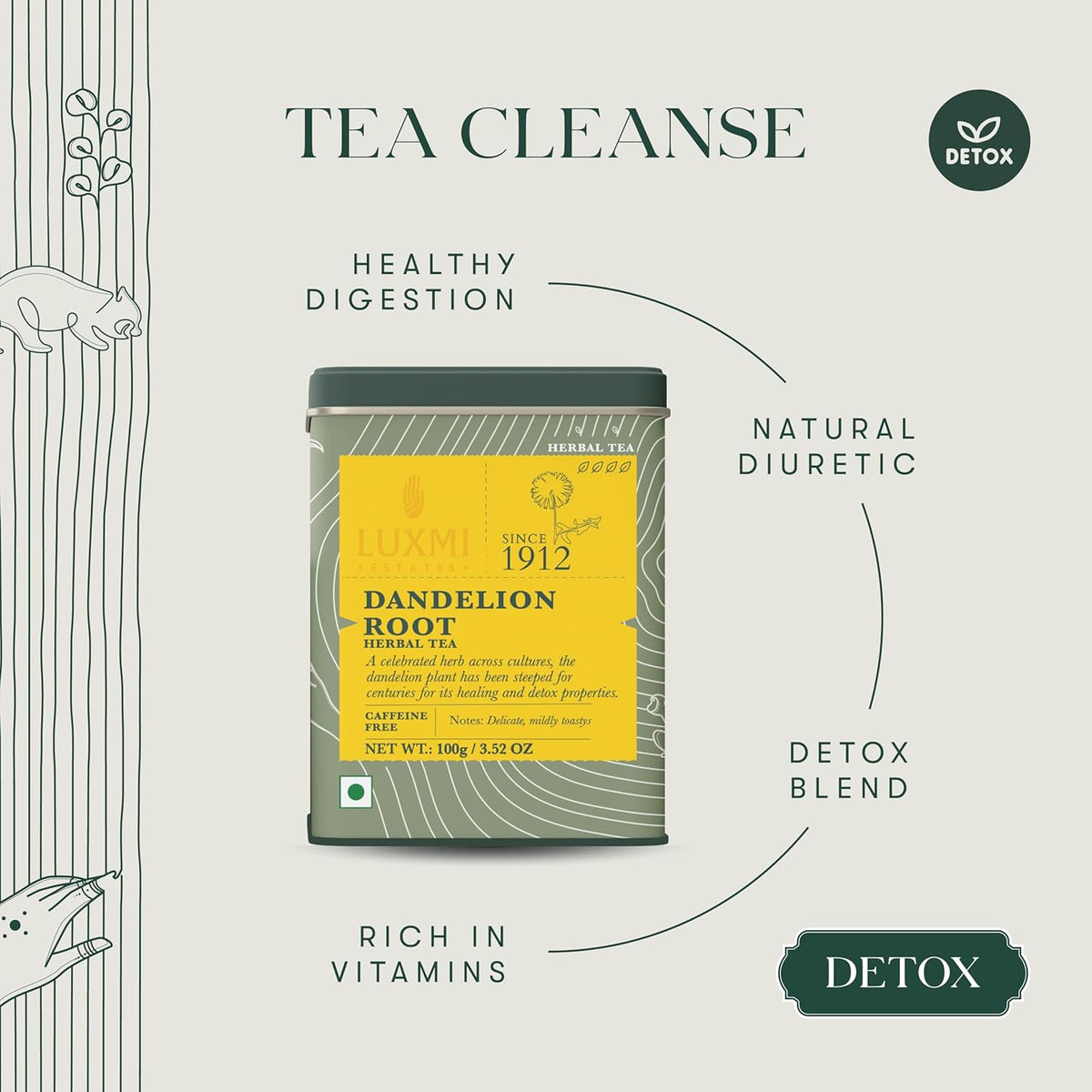 Luxmi Estates - Pure Dandelion Herbal - Organic Dandelion Tea - Loose Leaf - 100g (50 Cups) | With Pure Dandelion Root | Single Ingredient | Great for Detox