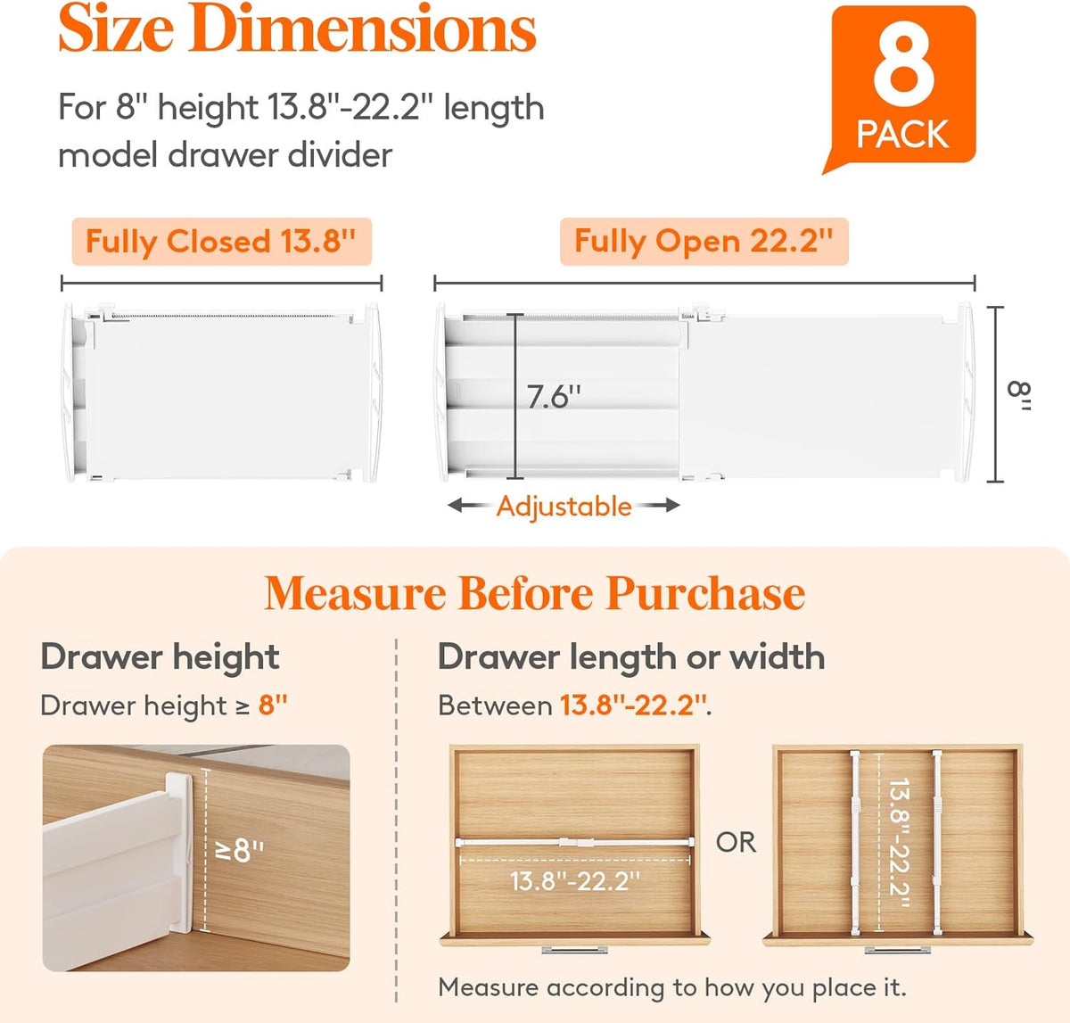 Lifewit 8 Pack Deep Drawer Dividers 8" High, 13.8-22.5" Adjustable Dresser Drawer Divider, Plastic Drawer Organizer for Clothes, Tall Drawers Separators for Dresser, Kitchen, Bedroom, Bathroom, Office