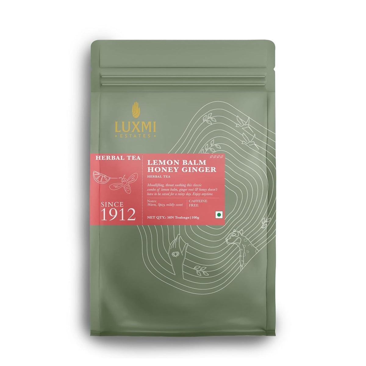 Luxmi Estates Lemon Balm Honey Ginger Loose Leaf Tea, 50 Tea Bags, Organic Herbal Tea, Caffeine Free Tea Bags for Relaxing, Calming, and Stress Relief, With Certified Organic Lemon Balm Tea
