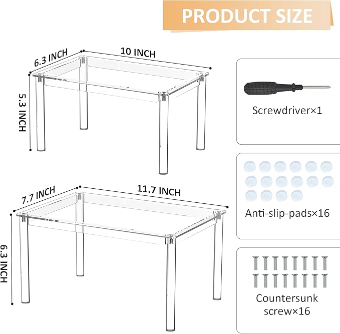 Acrylic Cabinet Organizer Shelf Set of 4, Clear Kitchen Counter Shelves Spice Rack, Pantry Kitchen Storage, Stackable, Expandable, Moisture Resistant