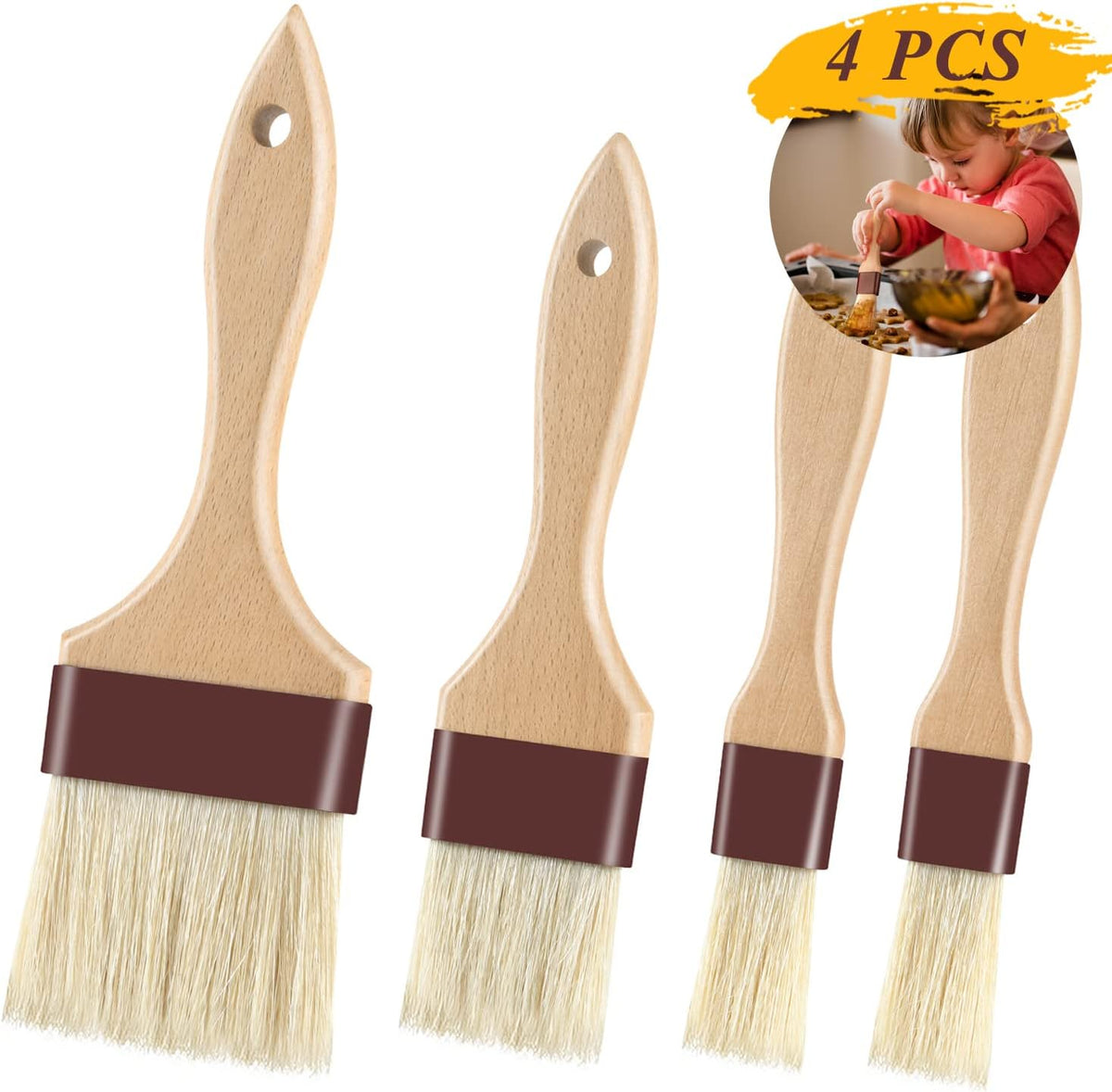 Pastry Brushes for Baking & Grilling, Boar Bristles & Beech Wood Handles, 4PCS (2*1 Inch & 2*1.5 Inch)