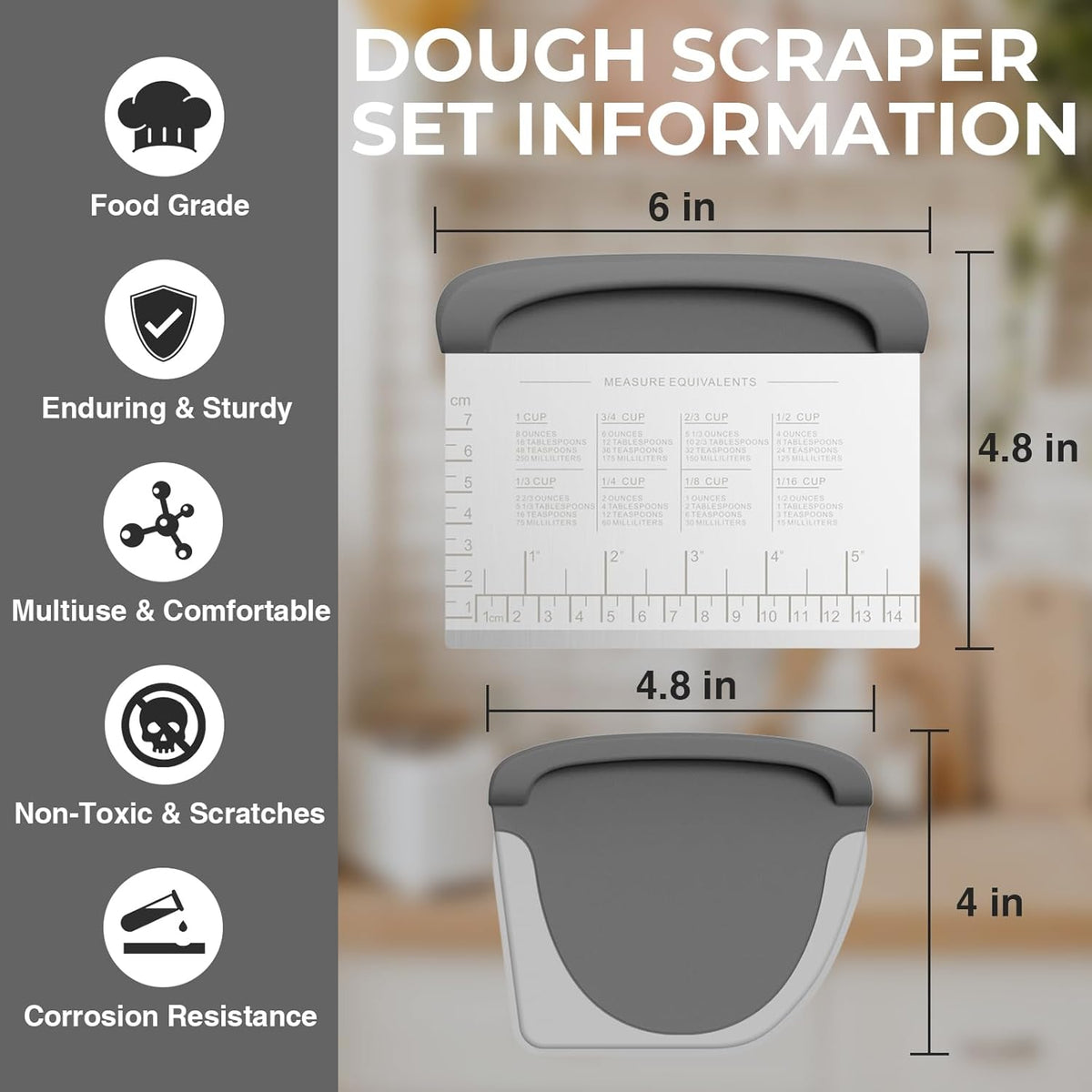 Bench Scraper Dough Cutter Tool - Bowl Pastry Scraper for Bread Cake Pizza, Bench Knife Kitchen Dough Scraper for Baking, Stainless Steel Food Scraper with Grip Handles & Measuring Scale, Grey, Gray