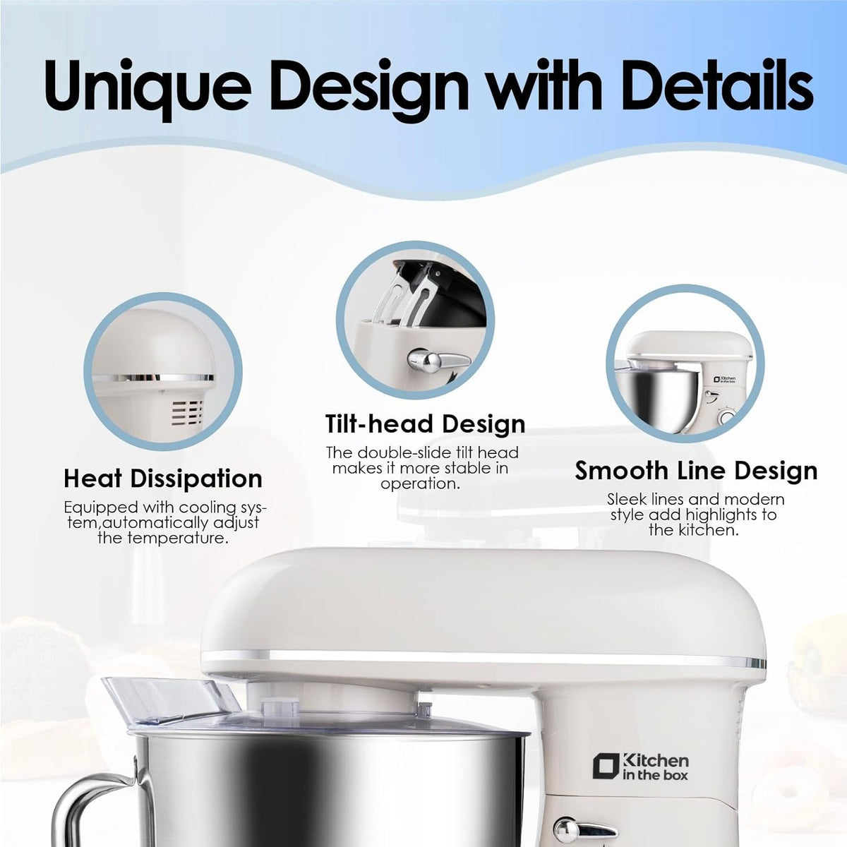Kitchen in the box Stand Mixer - 8.5 Quart Mixing Bowl, 900 Watt Kitchen Electric Mixer for Heavy Dough, Large Capacity Food Mixer for Home Cooks with Egg Whisk, Dough Hook & Flat Beater (Cream)