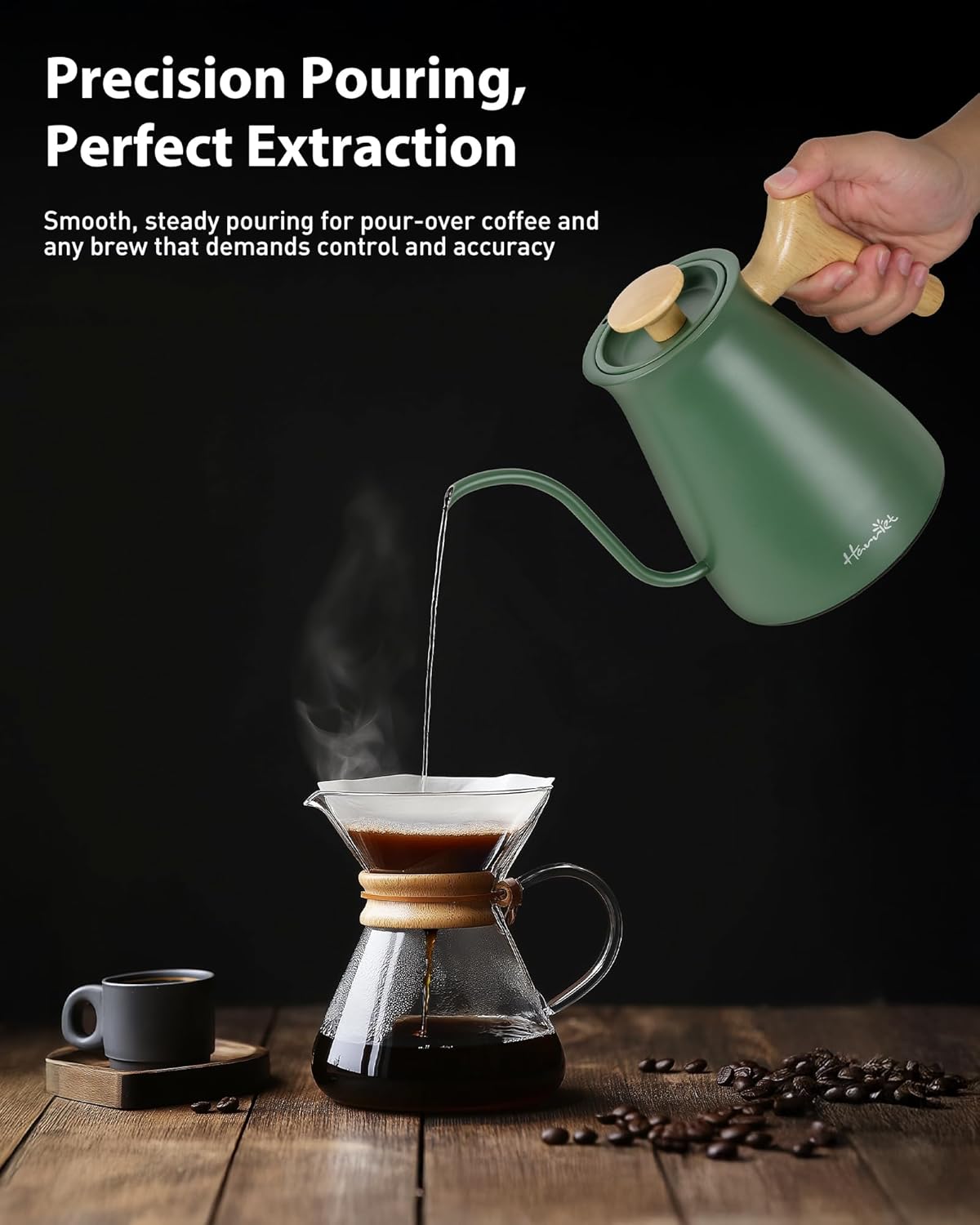 Harriet Gooseneck Electric Kettle - 1200W Fast Heat, 0.8L Stainless Steel, Precision Temp Control & Timer, Wood Handle, Pour Over Coffee and Tea, Green