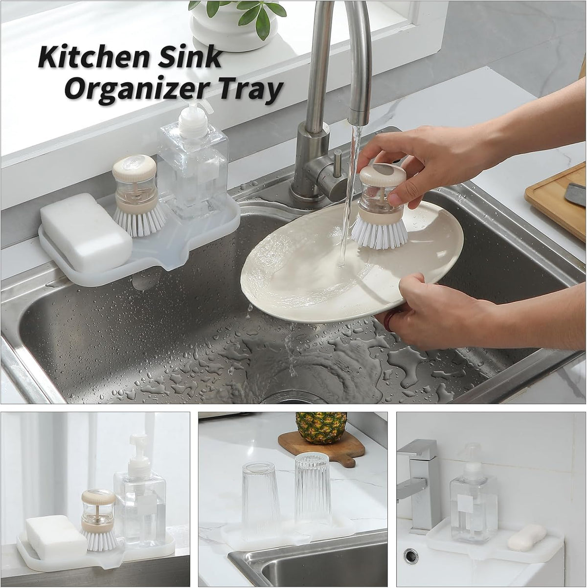 Silicone Bathroom Soap Dishes with Drain Spout-Bathroom and Kitchen Sink Organizer,Sponge Holder,Dish Soap Tray,Perfect for Dispenser,Scrubber,Bottle,Cup on Counter Translucent 9.6"×5.3"