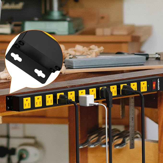12 Outlet Long Power Strip, 2100 Joules Surge Protector, 6FT Power Cord, Wide Spaced Outlet Power Bar, Overload Protection Switch, Industrial Heavy Duty for Work Bench, Shop, Garage…