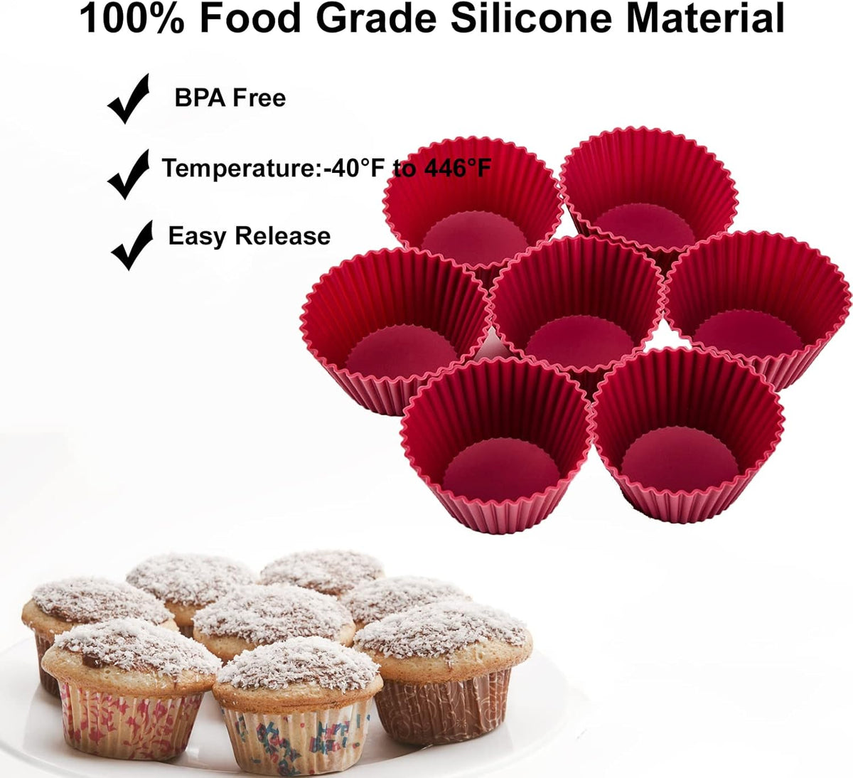 Nalchois Silicone Cupcake Baking Cups 12 Pack, Wine Red Reusable Silicone Muffin Cupcake Liners，Non-Stick Easy Release Silicone Baking Molds BPA Free for Cupcakes Muffins Pudding Tart Jelly Mousse