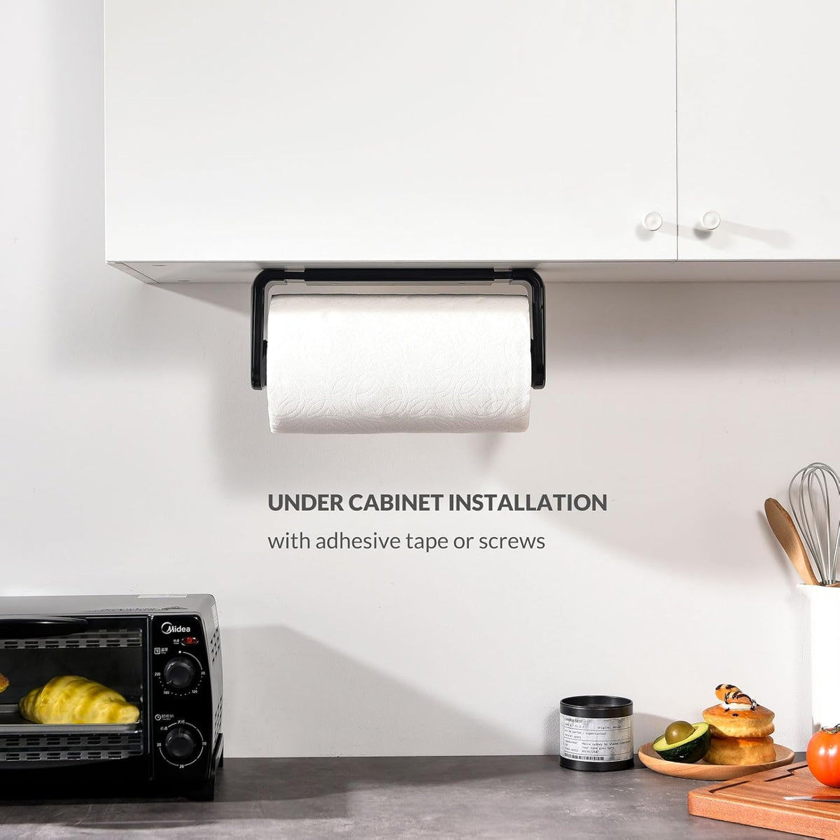 simpletome Paper Towel Holder Under Cabinet or Wall Mount ONE Hand Operation Tension Arm Kitchen Roll Holder (Black, for 24-28cm/9.4-11inches roll)