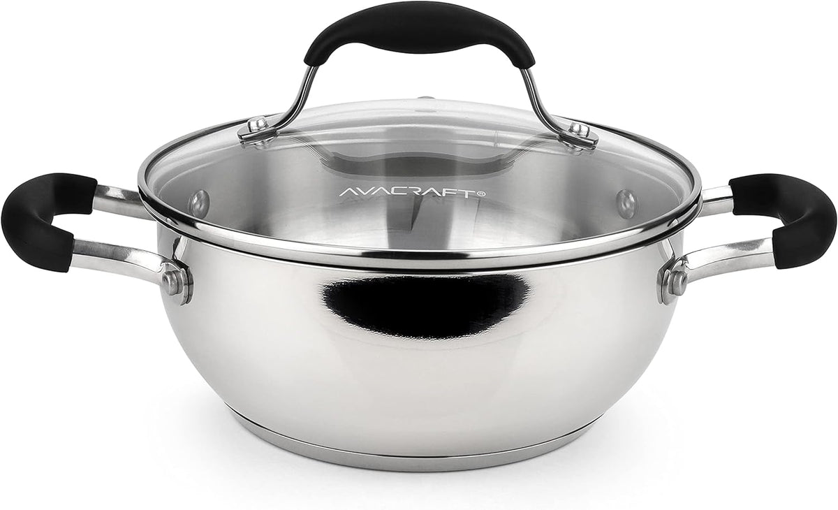 AVACRAFT 18/10 Stainless Steel Everyday Pan, Stir Fry Pan with Five-Ply Base, Chef’s Pan with Glass Lid, Multipurpose Stewpot Skillet, Saute Pan, Casserole in Pots and Pans (8 inch)