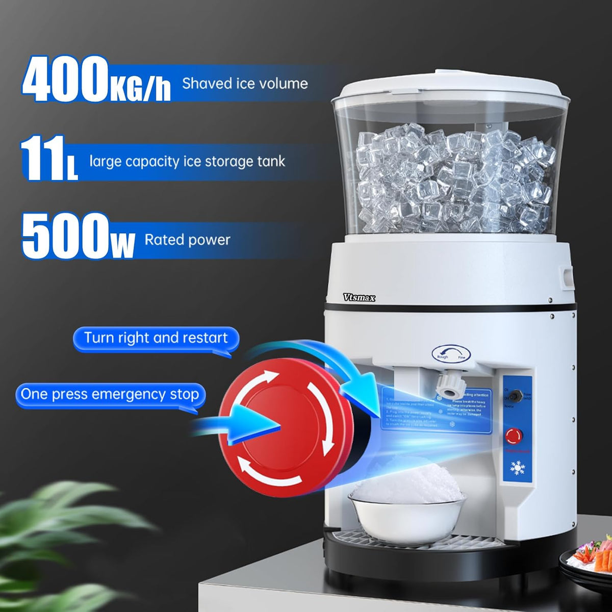 400W Commercial Snow Cone Machine with Safety Switch & Emergency Button, 1058lbs/ Hr Rotate Speed & Strong Power Tabletop Electric Shaved Ice Machine for Parties Events Snack Bar(12.6Qt)