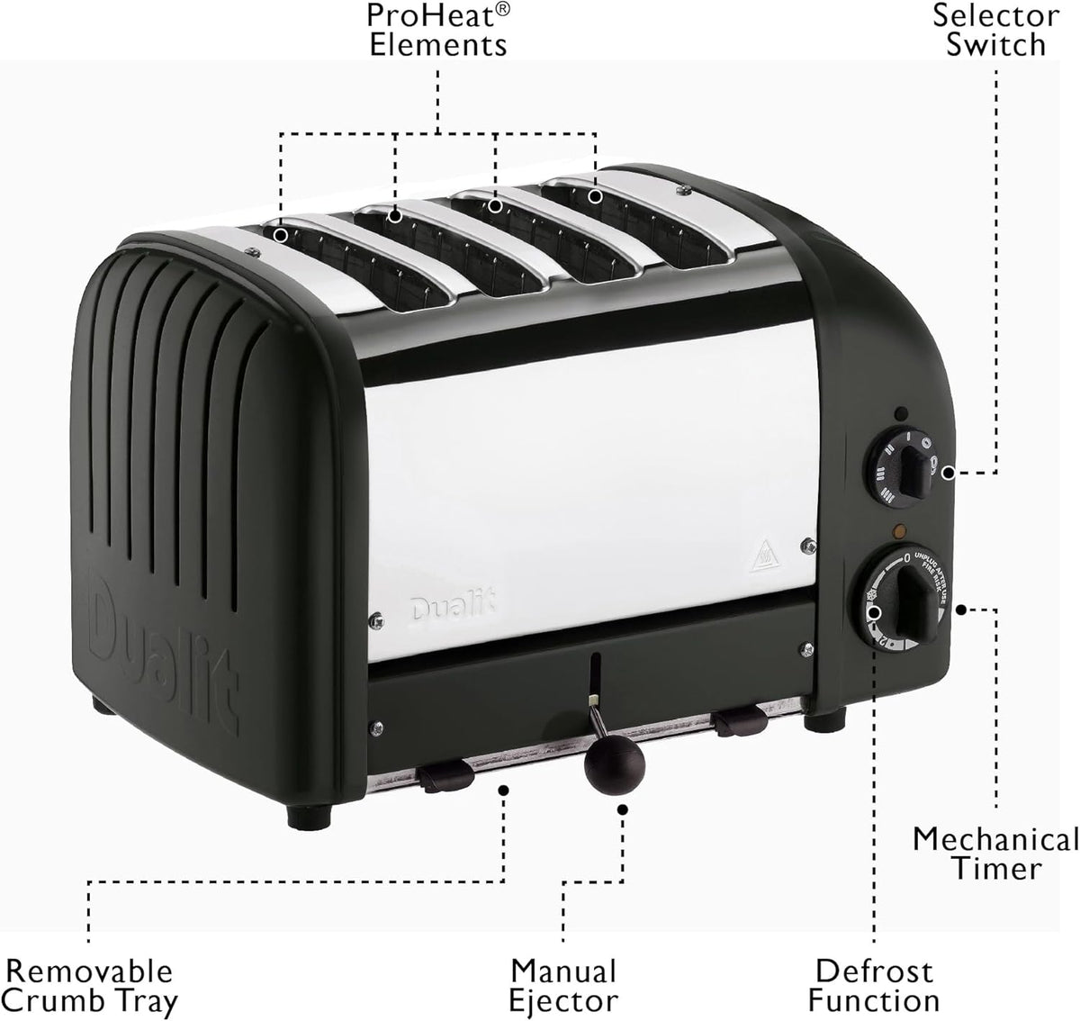 Dualit Classic 4 Slice NewGen Toaster - Stainless Steel - Hand Built in the UK - Replaceable ProHeat elements - Defrost Bread - Mechanical Timer - Matt Black Classic Toaster