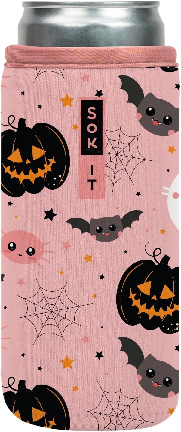 Sok It CanSok Sleeve for Beer & Soda Insulated Neoprene Cover (Spooky in Pink, 12oz Slim Can Sleeve)