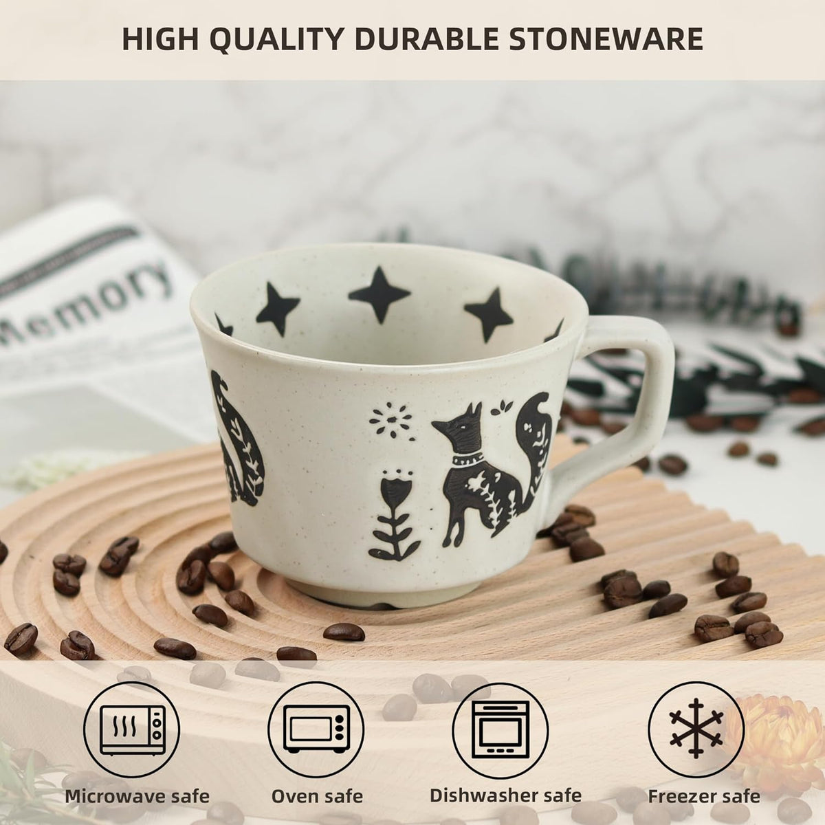 Ceramic Coffee Mug, 12 oz Novelty Unique Teacup with Large Handle, Stoneware Cup for Tea Mocha Latte Cappuccino Espresso (Set of 2, Fox and Bear)