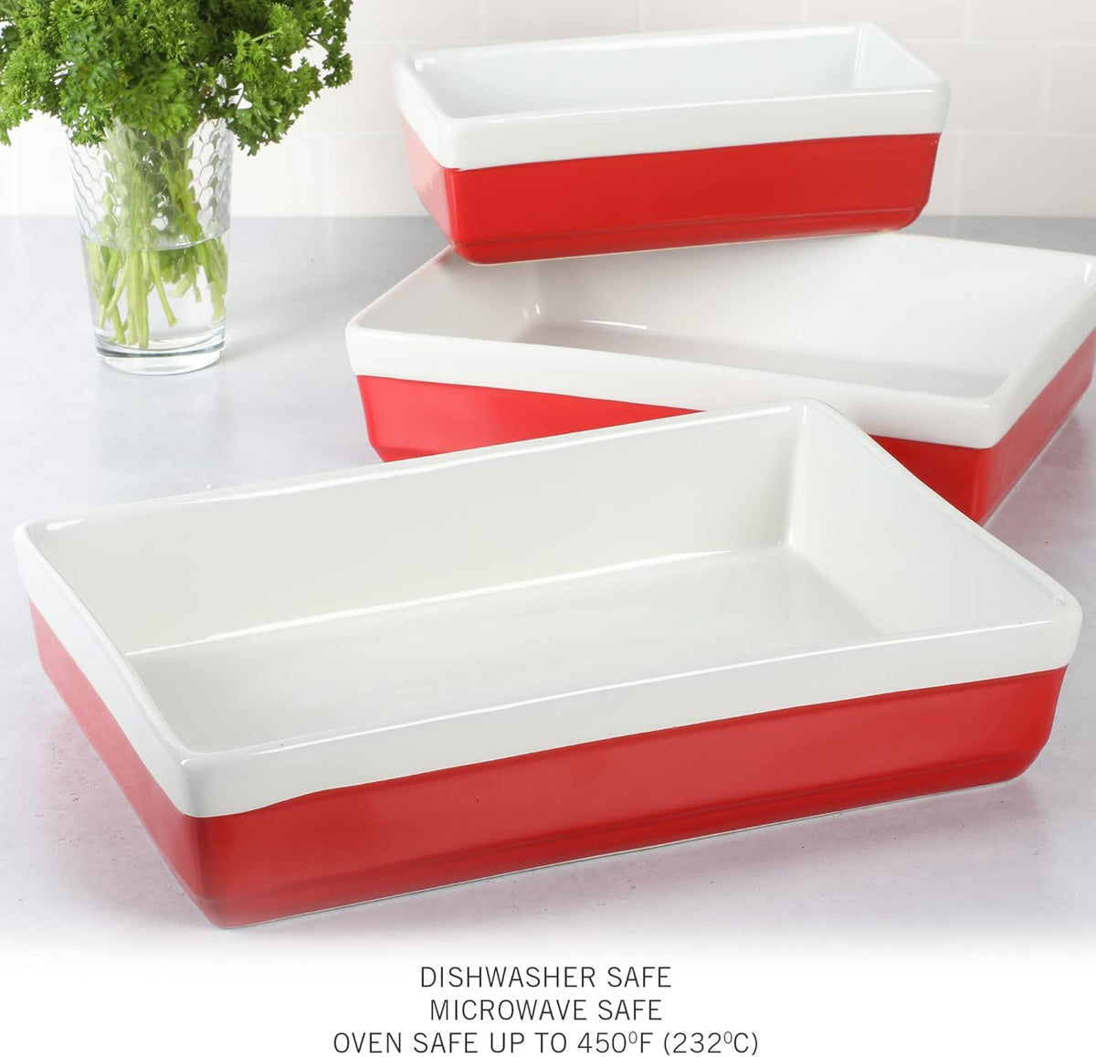 MARTHA STEWART 3 Piece Oven to Table Stoneware Bakeware, Baking Dish & Casserole Set - Red
