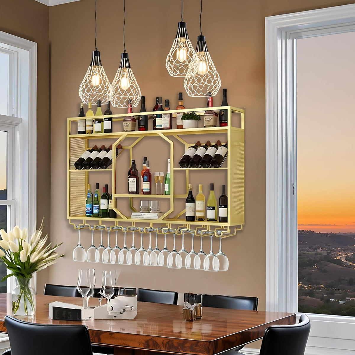Wall Mounted Wine Rack, 3-Tiers Metal Bar Bottle Holder, Modern Wine Glass Storage Display Shelves, Wall Wine Rack for Kitchen Bar Dining Rooms Decoration ﻿ (Gold, 55.11in/140cm)