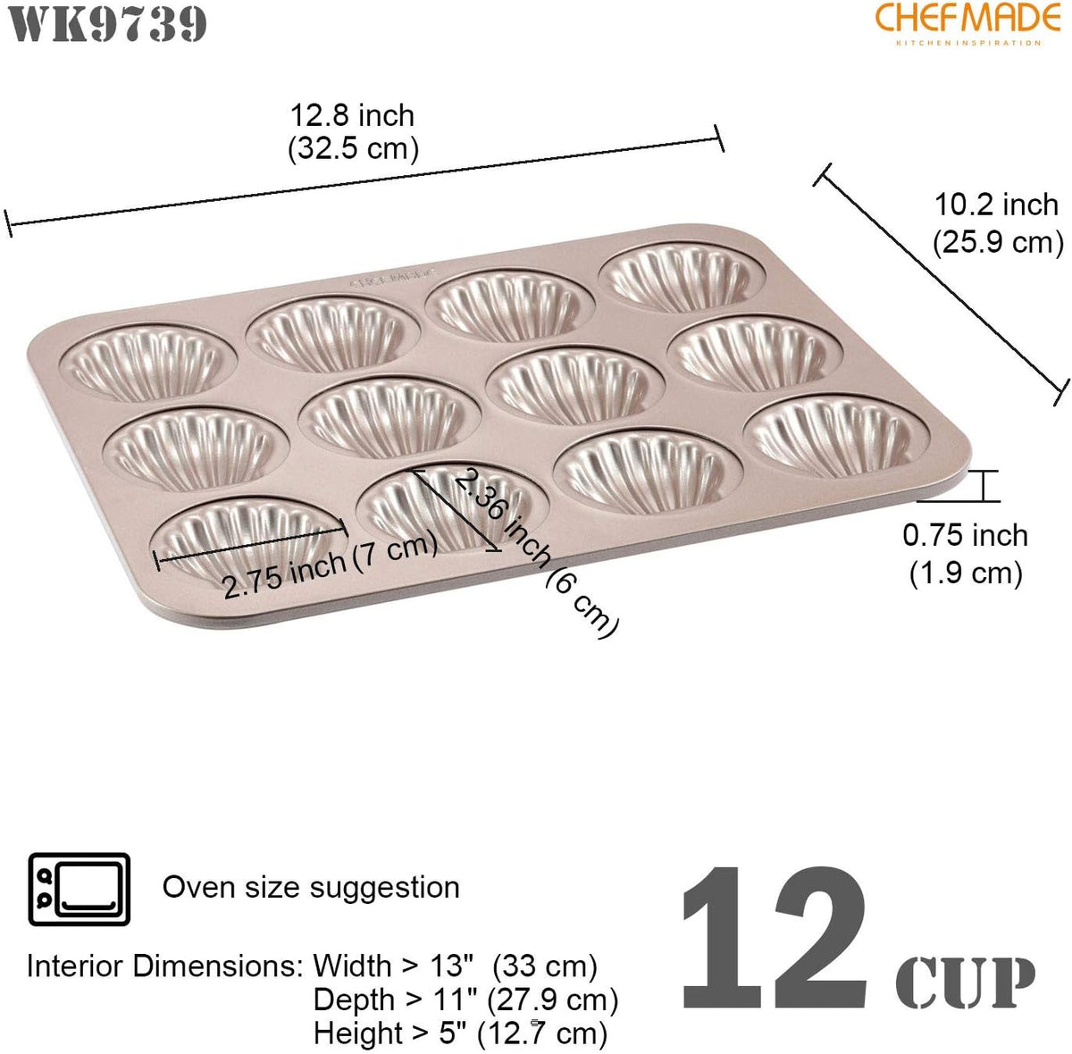 CHEFMADE Madeleine Mold Cake Pan, 12-Cavity Non-Stick Scallop Madeline Bakeware for Oven Baking (Champagne Gold)