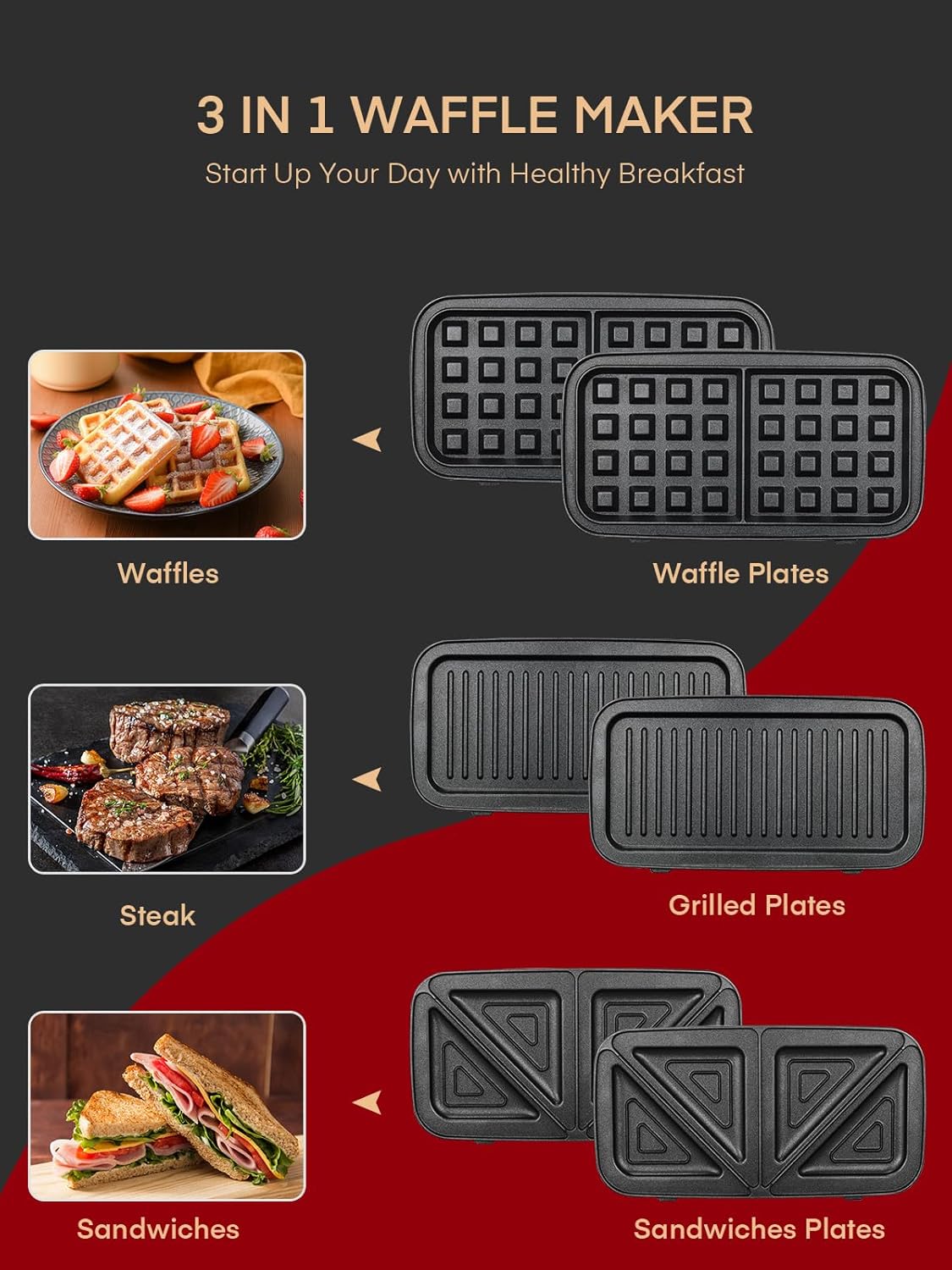 FOHERE Waffle Maker 3 in 1 Sandwich Maker 1200W Panini Press With Removable Plates and 5-gear Temperature Control, Non-stick Coating Easy to Clean,Indicator Lights, Red