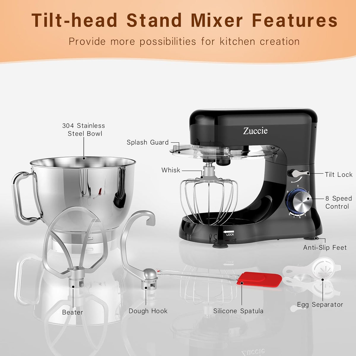 Stand Mixer, Zuccie 4.8QT Kitchen Electric Stand Mixer, 380W Motor Power Food Mixer, 8+P-Speed Dough Mixer with Dough Hook, Wire Whip & Beater, Black