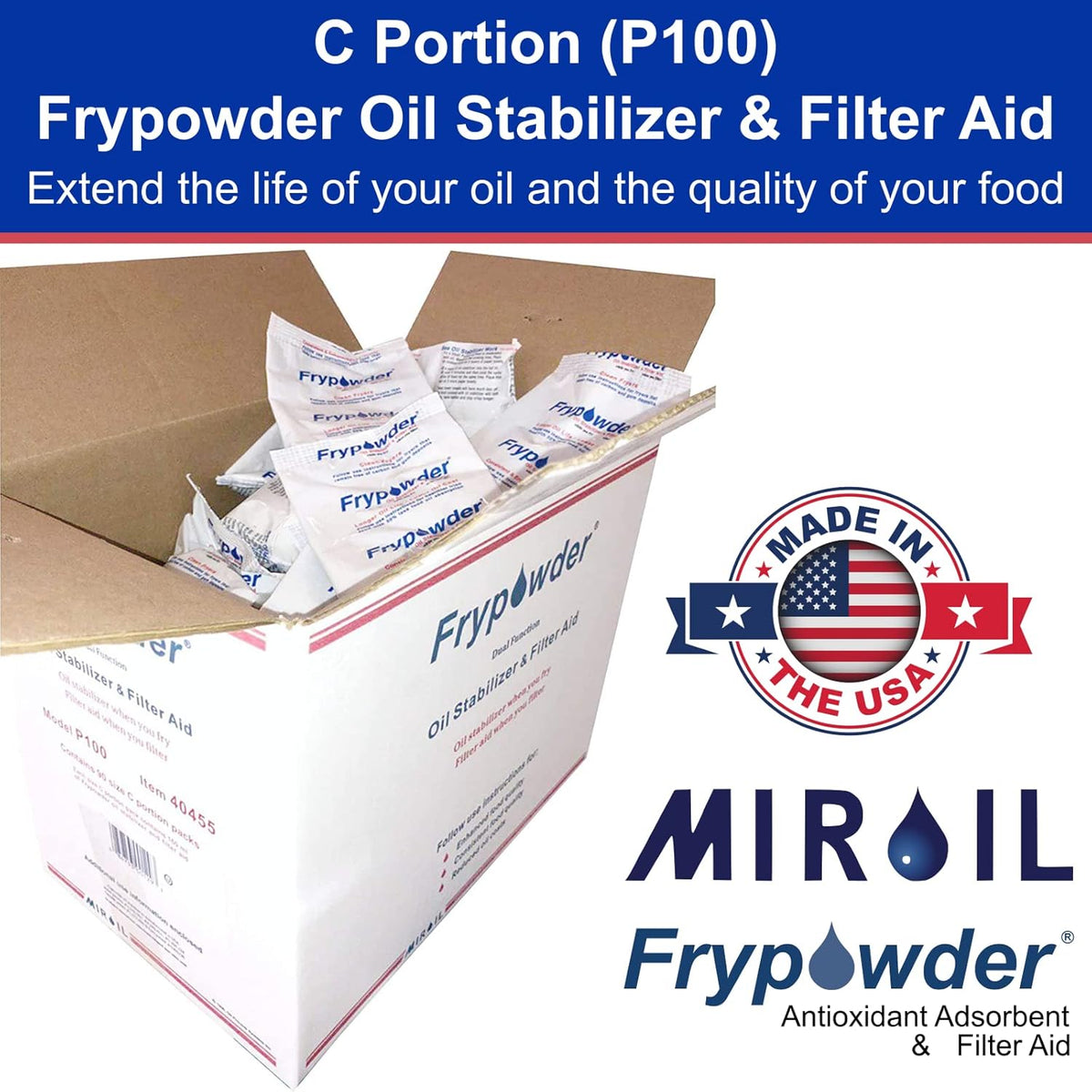 MirOil P100 Fry Powder Oil Stabilizer and Filter Aid, 90 x Size C Portion Pack(160ML Each) Fry Powder, Food Centers Cook Hotter, Deep Fryer Cooking Oil Saver Helps Save Grease & Remove Carbon Deposits