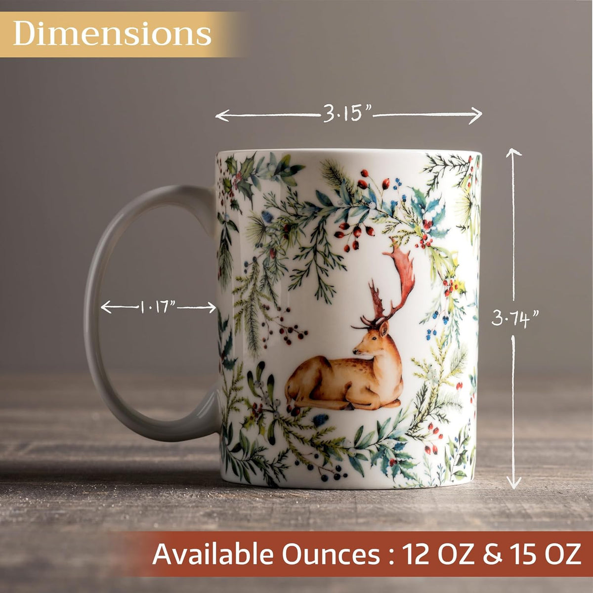 Maison d' Hermine Coffee Mug with Handles Fine Bone China Mugs Pack of One Tea Cups for Hot Beverages Cappuccino Latte Home Restaurant Office Perfect for Gift (Holly Time - Cerf, 12 Ounce)