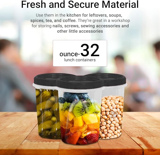 [Black - 12 Pk] Airtight Deli Containers with Lids Twist Lock Top Clear Food Storage for Meal Prep Snacks and Leftovers Freezer and Microwave Safe Stackable Leak-Resistant and 12 Pc. Set (32 Ounce)
