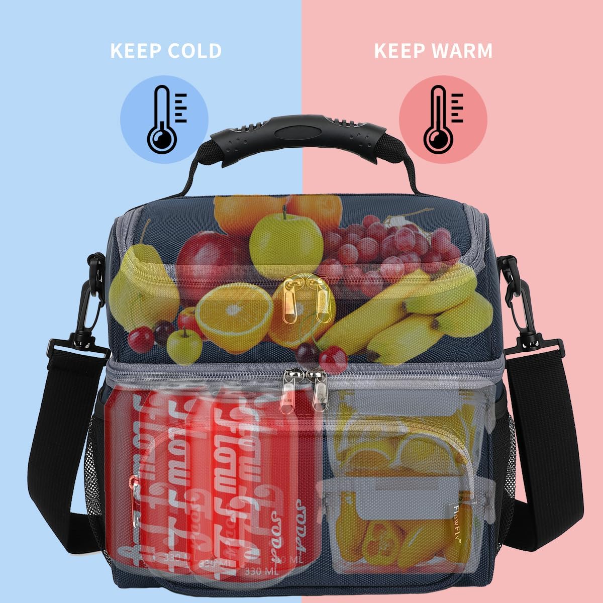 FlowFly Double Layer Cooler Insulated Lunch Bag Adult Lunch Box Large Tote Bag for Men, Women, With Adjustable Strap,Front Pocket and Dual Large Mesh Side Pockets
