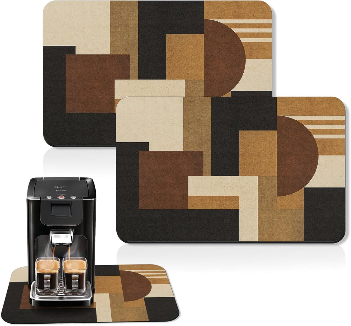 Arttown Coffee Mat for Countertops, Retro Ethnic Geometric Modern Black Brown Dish Drying Mat 2 Pcs for Kitchen Bar Accessories, Coffee Maker Espresso Machine Dish Rack Hide Stain Rubber 12x19in