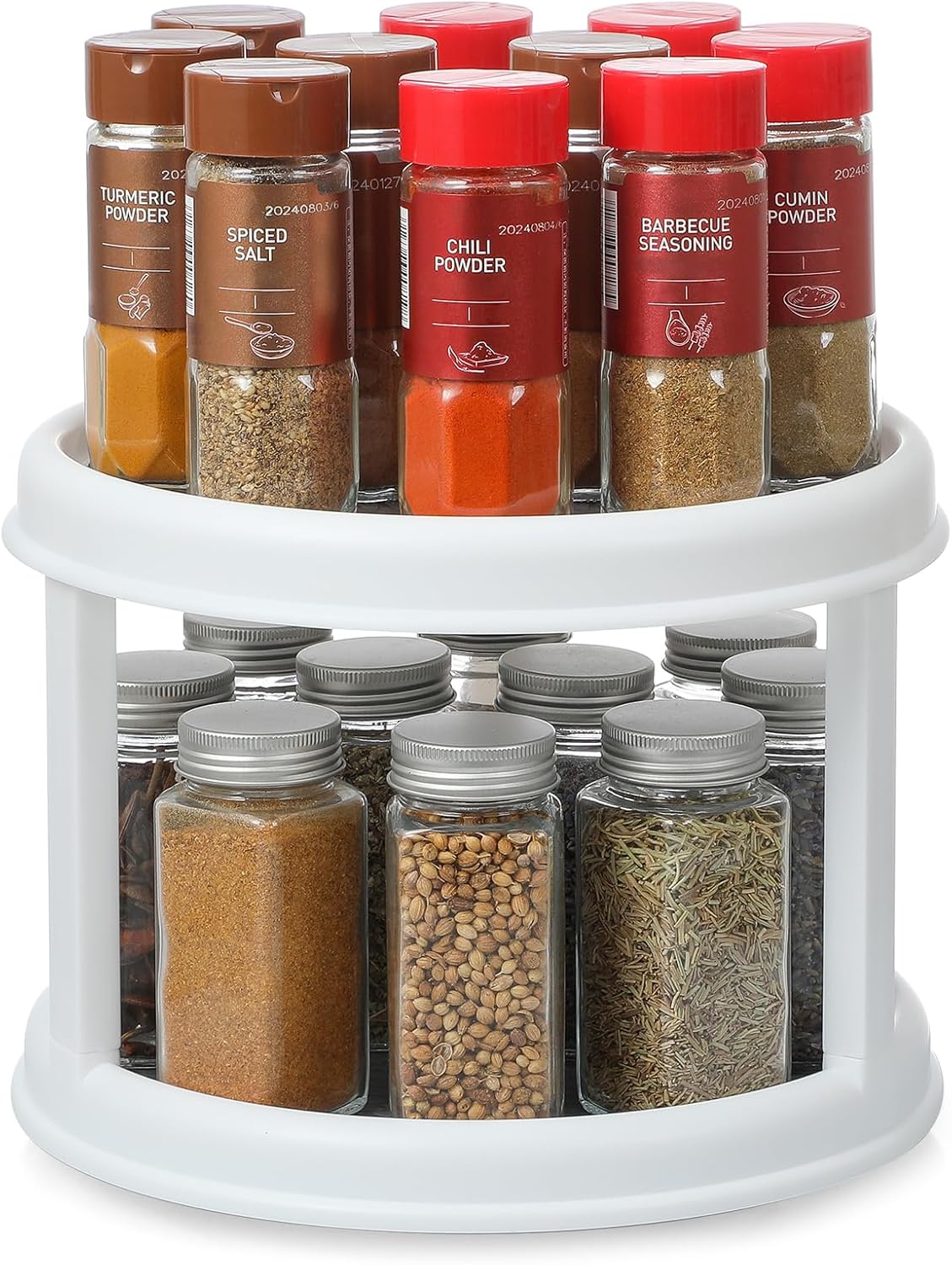 2 Tier 10" Turntable Lazy Susan Spice Organizer - Rotating Seasoning Rack for Pantry Cabinet Kitchen Countertop, Table Top Organizing - Multiuse Two Tier Rotating Organization Rack Spinner