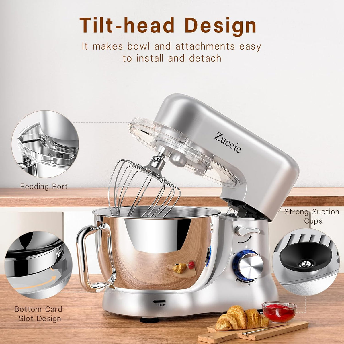 Stand Mixer, Zuccie 4.8QT Kitchen Electric Stand Mixer, 380W Motor Power Food Mixer, 8+P-Speed Dough Mixer with Dough Hook, Wire Whip & Beater, Silver