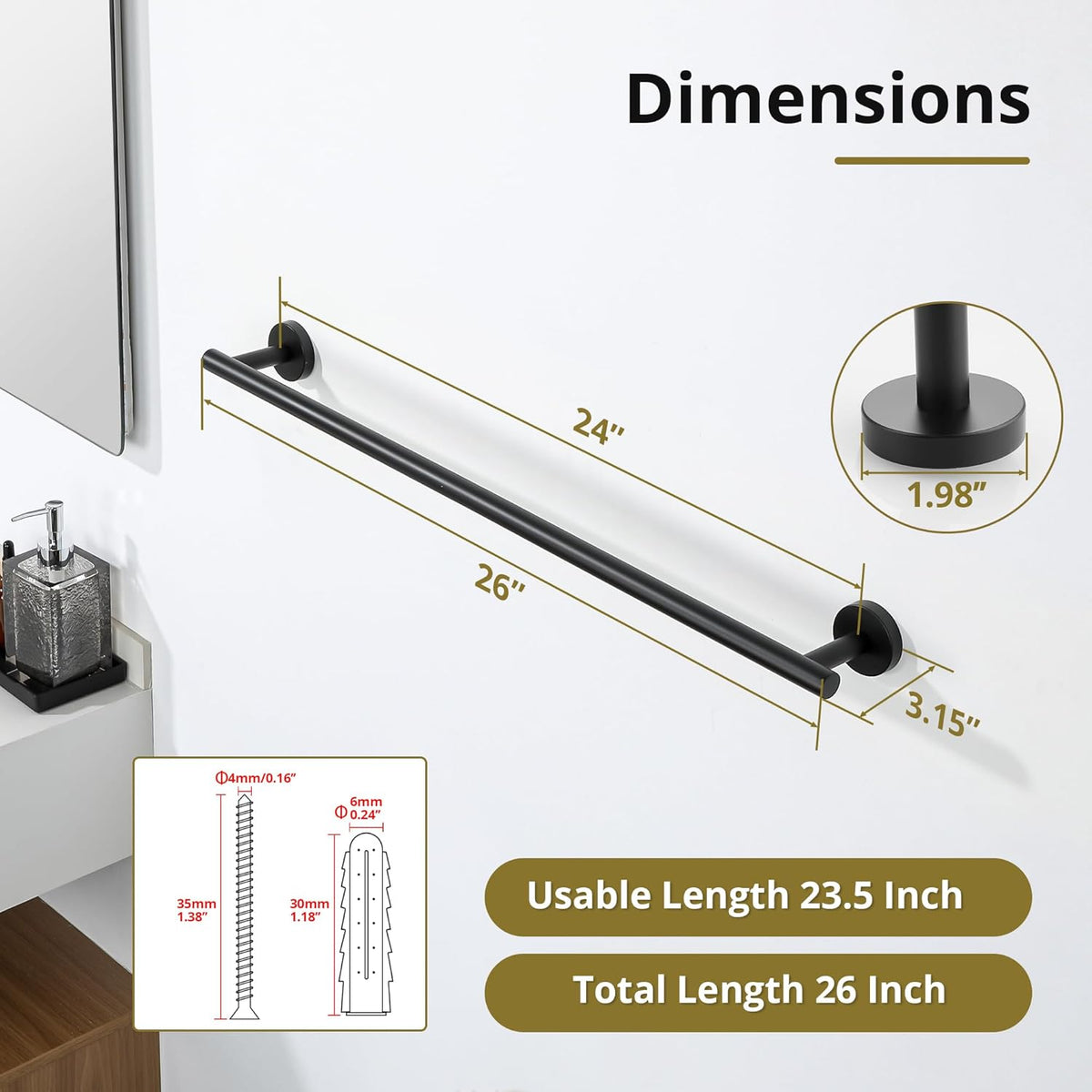 SAYAYO Black Towel Racks for Bathroom, 24 Inch Towel Bar Towel Rod Towel Holder Wall Mount SUS304 Stainless Steel (26 Inch Total Length)