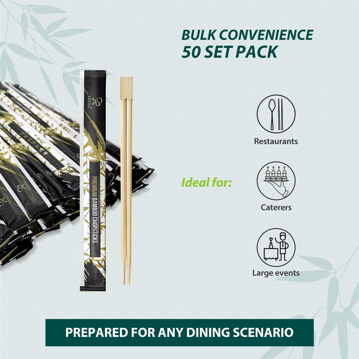 Soeos 50 Chopsticks Disposable Bulk - Natural Wooden Chopsticks & Bamboo Chopstick for Sushi, Takeout, Party - Smooth, Individually Wrapped Single-Use Chopstick (Approx.50 Pairs)