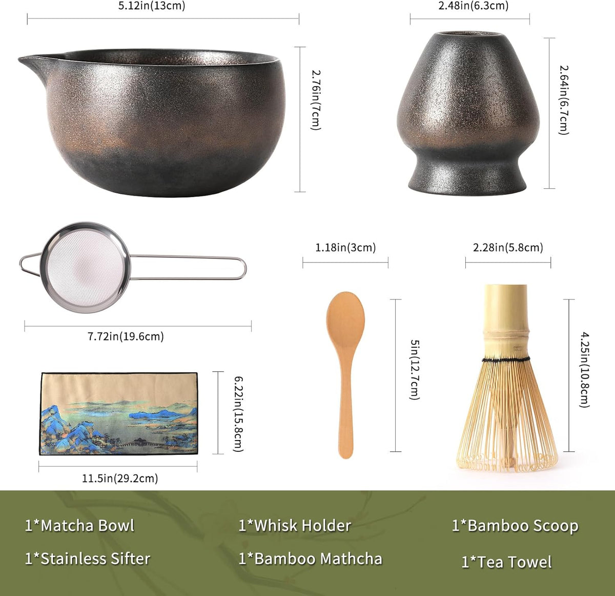 Japanese Matcha Whisk Set - 6-Piece Kit with Bamboo Chasen, Matcha Ceramic Bowl with Spout, Stainless Steel Sifter Gold Black