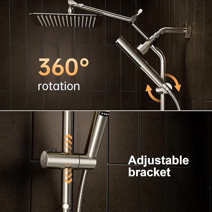 Veken 10" Luxurious Brushed Nickel All Metal Rain Shower Head with Handheld Spray Combo, High Pressure Rainfall Square Shower Heads with Extension Arm, Wide Dual Showerhead, Bathroom Accessories
