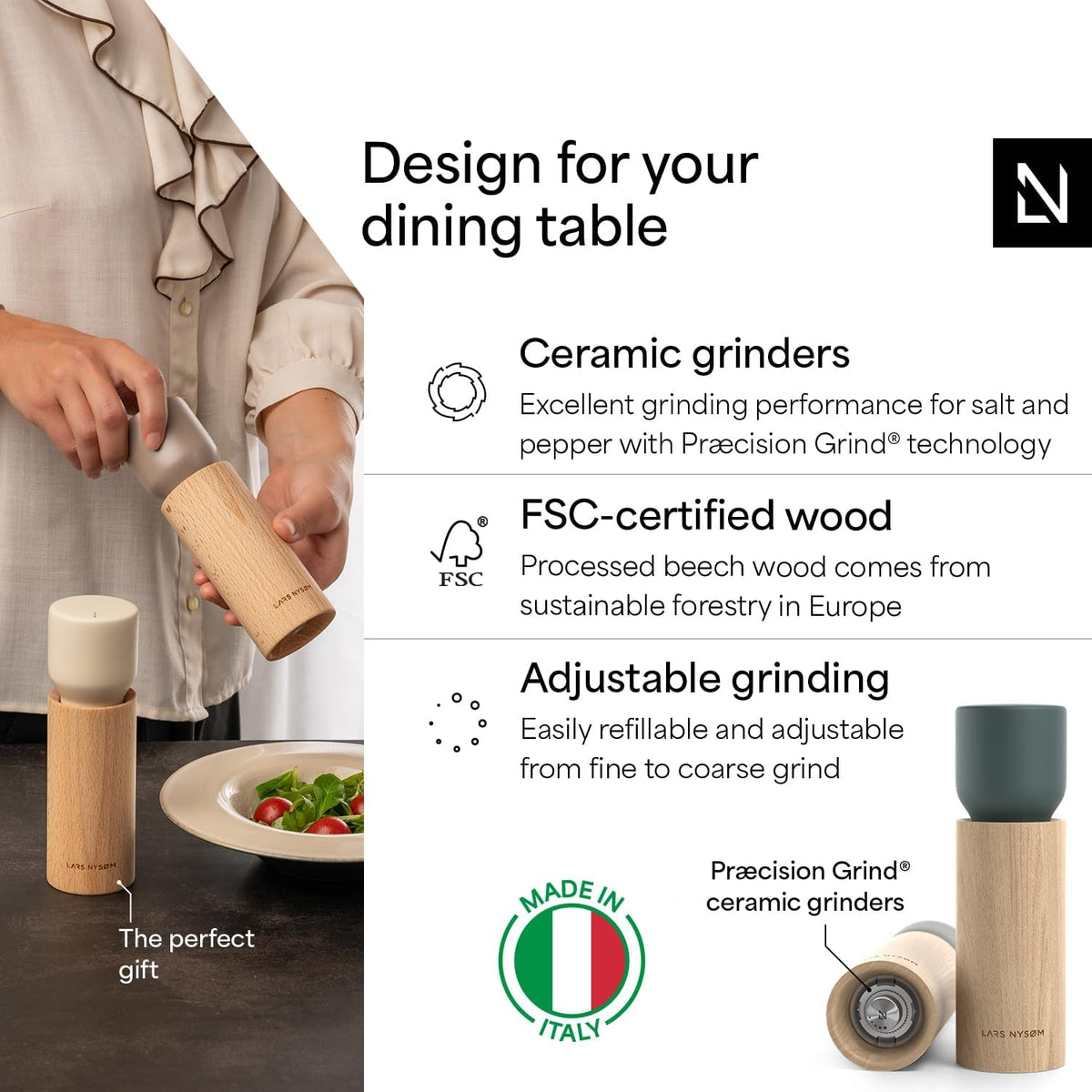LARS NYSØM Wooden Salt and Pepper Grinder Set Manual with Tray - Salt and Pepper Mills with Adjustable Ceramic Grinder - Elegant Beechwood Pepper and Salt Mill Set for Dining Table (Blue/Gray)