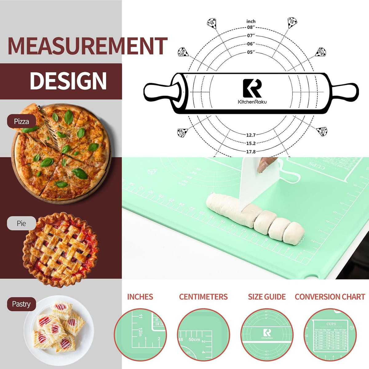 Silicone Baking Mat 20"L x 28"W, Extra Thick Dough Rolling Pad with Measurements and Edge Heightening, Non-stick Food Grade Silicone Pastry Mat for Pastry, Bread, Cookies