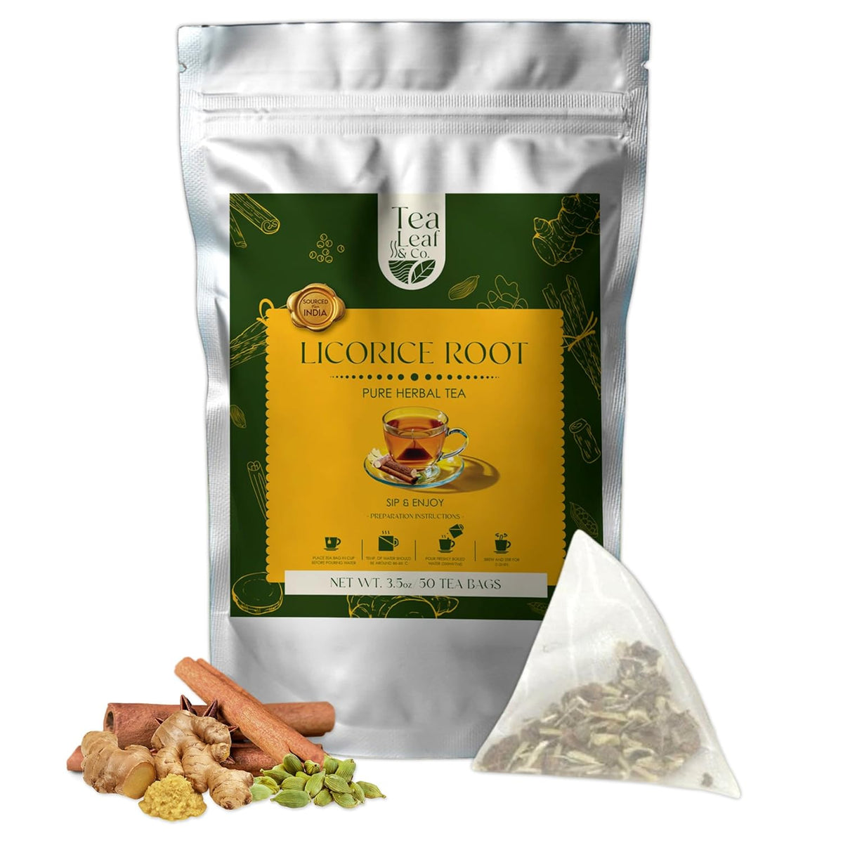 Tealeaf & Co. Licorice Root Tea Blended with Organic Spices - Pure Herbal Tea Bags with Cardamom, Ginger, Cinnamon Sticks & Licorice Root Extract - Low Caffeine - Gluten Free - 50 Teabags