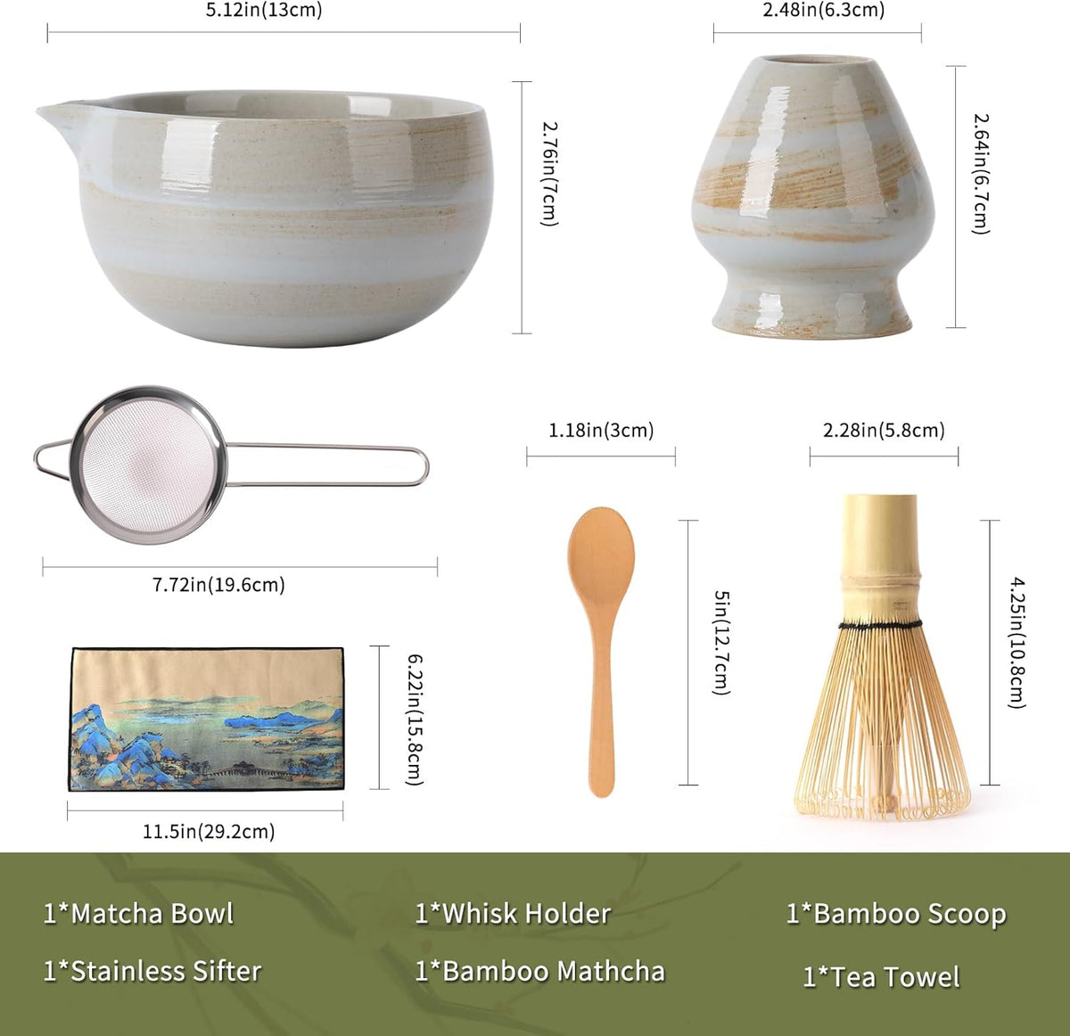 Japanese Matcha Whisk Set - 6-Piece Kit with Bamboo Chasen, Matcha Ceramic Bowl with Spout, Stainless Steel Sifter White