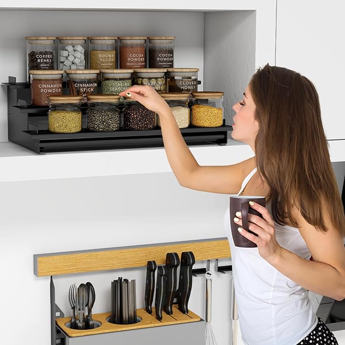 2 Pack Spice Rack Organizer for Cabinet, 3 Tier Seasoning Organizer, Metal Step Shelf Countertop Spice Racks for Inside Cabinets, Kitchen, Black
