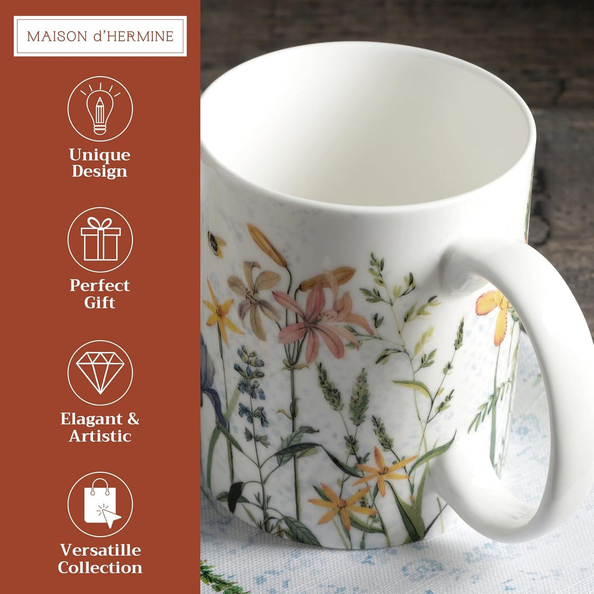 Maison d' Hermine Coffee Mug with Handles Fine Bone China Mugs Pack of One Tea Cups for Hot Beverages Cappuccino Latte Home Restaurant Office Perfect for Gift (Fleurs De Mai - Floral, 12 Ounce)