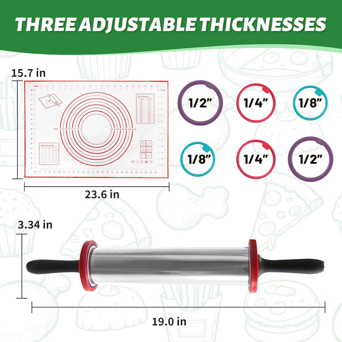 Rolling Pins,Rolling Pin and Silicone Baking Pastry Mat Set,Rolling Pins,Adjustable Stainless Steel Rolling Pin with Thickness Rings for Baking Dough,Pizza,Pie,Pasta(Red Mat)