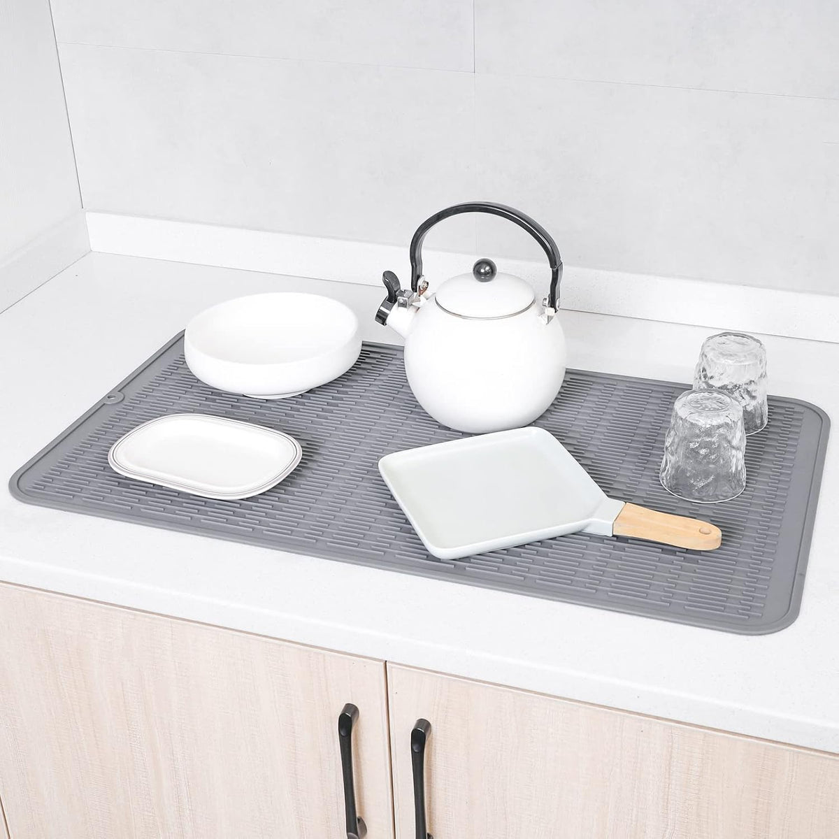 Silicone Dish Drying Mat for Multiple Usage,Easy clean,Eco-friendly,Heat-resistant Silicone Mat for Kitchen Counter or Sink,Refrigerator or Drawer Liner Grey 4XL 32 inches x 18 inches